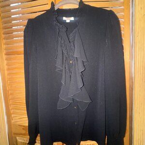 Elle Moss XS Black Ruffle Front Blouse Smocked Cuffs Sheer Romantic Top